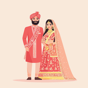 Flat Vector of Sikh Wedding Couple in Traditional Attire