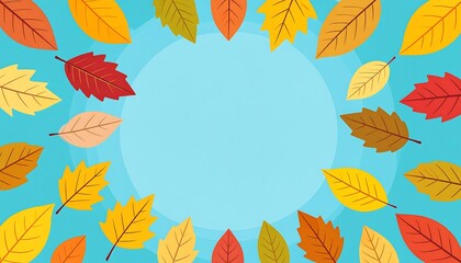 A vibrant illustration featuring a light blue circular background with colorful autumn leaves arranged around the edges, creating a frame