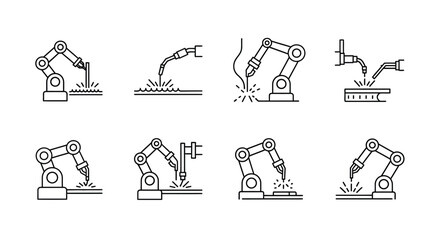 Set of industrial robotic arm icons performing various automated manufacturing tasks vector