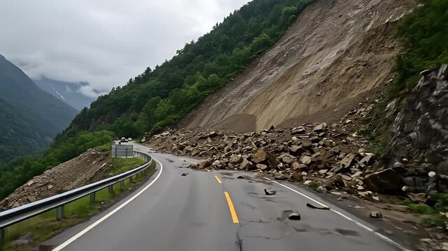 Road blocked by landslide natural disaster destruction of infrastructure