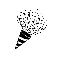 Black and white icon of an exploding party popper with confetti and streamers.