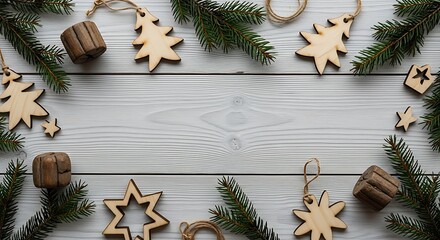 A flat lay composition of rustic wooden Christmas ornaments and fir branches on a white wooden background.