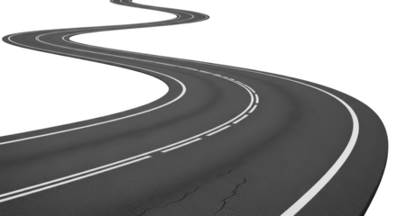 Winding Asphalt Road with White Double Lines Leading into the Distance Isolated On transparent Background