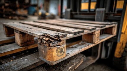 Industrial Accident Prevention Concept. Close-up of damaged wooden pallet highlights wear risks, emphasizing the importance of equipment inspection and safe material handling in industrial environment