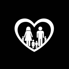 Family Unity and Love Icon with Parents and Three Children Inside a Heart Shape.