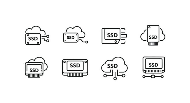 Digital storage icons featuring ssd and ram elements with cloud connectivity and server concepts vector