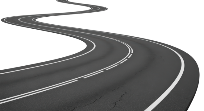 Winding Asphalt Road with White Double Lines Leading into the Distance Isolated On transparent Background