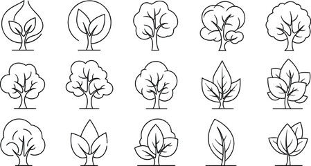 Set of stylized green trees in a simple outline vector format
