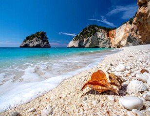 A vibrant beach scene with turquoise water gently lapping onto a shore covered in sand, pebbles, and seashells, overlooked by cliffs