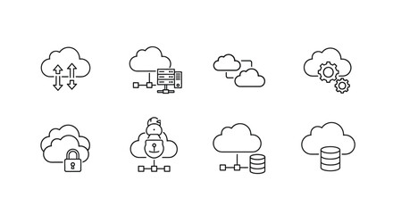 Cloud computing icons set data storage security network connectivity icons in simple outline style vector