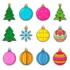 A vibrant illustration featuring various Christmas ornaments and decorated trees with festive designs