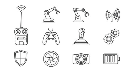 Set of technology and industry icons featuring robotics control and wireless communication symbols vector