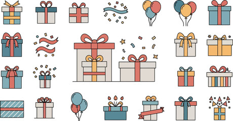 Collection of Gift Boxes Balloons and Confetti Icons