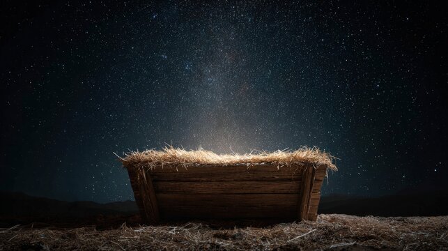 Empty Manger: A celestial display of hope, featuring a wooden manger filled with straw under a starry night sky. A symbol of peace and anticipation.. Generative Ai