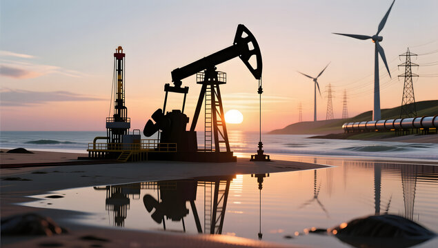 Silhouette of oil pump on the beach with energy industry background - Powered by Adobe