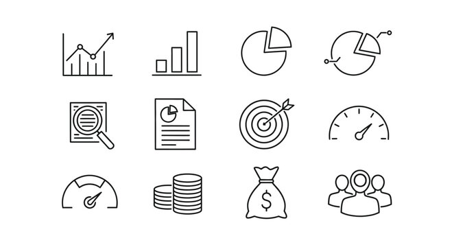 Collection of hand drawn business and finance icons for data analysis and growth concepts vector
