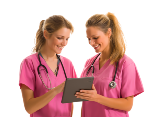 Collaborative Healthcare: Two Smiling Nurses Using Digital Tablet isolated on a transparent background