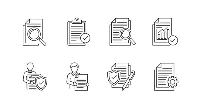 Hand drawn icons representing document analysis auditing and quality assurance processes vector