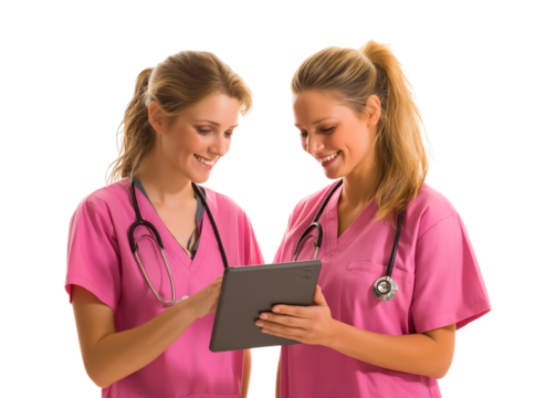 Collaborative Healthcare: Two Smiling Nurses Using Digital Tablet isolated on a transparent background - Powered by Adobe