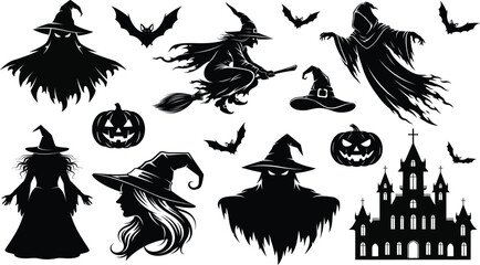 Spooky Halloween Vector Silhouettes Mega Set, Features a Grim Reaper, female witch, pumpkins, bats, witch hats, and a gothic castle, Perfect for halloween project and t-shirts designs EPS 10