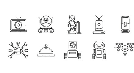 Collection of diverse robot and drone icons for technology and automation concepts vector