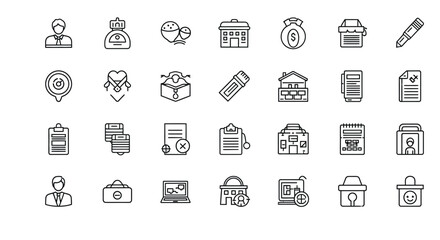 Collection of thin line icons representing business office technology and services on white vector