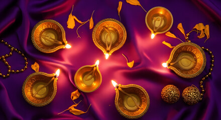 Radiant Diwali oil lamps and golden beads on rich purple silk, a vibrant celebration of light and tradition for festive designs