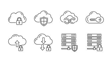 Fototapeta premium Cloud computing security icons featuring locks shields and server racks for data protection vector