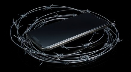 Entangled Device: A sleek smartphone encircled by barbed wire, symbolizing digital imprisonment and technological dependence. Capturing modern anxieties about privacy and surveillance.. Generative Ai