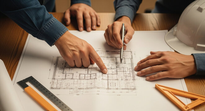 Engineers collaborating on a blueprint, reviewing architectural plans on a wooden table with drafting tools