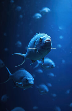 Group of Atlantic moonfish Selene swim in blue ocean water. School of marine fish moves underwater in sea aquarium. Wild aquatic fauna explores deep nature habitat.