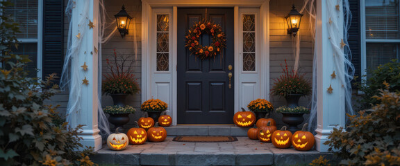 Halloween decorations front porch outdoor scene cozy atmosphere evening view festive spirit
