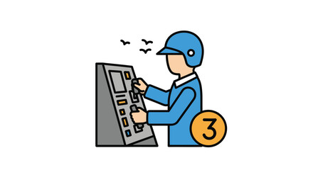 Person in blue uniform operating complex control panel with number 3 indicator vector