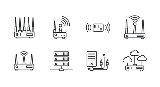 Set of modern abstract line art icons representing network routers servers and cloud technology concepts vector
