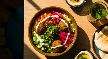 Delicious falafel bowl with hummus, vegetables and pita bread on a wooden table.