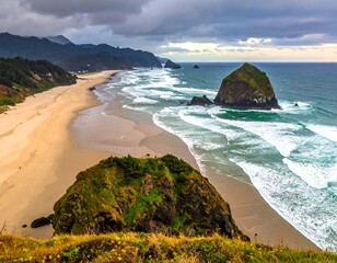 Coastal Beauty - Cannon Beachs Iconic Haystack Rock and Scenic Shoreline.