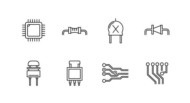 Collection of hand-drawn electronic components microchip resistor led and circuit board icons vector