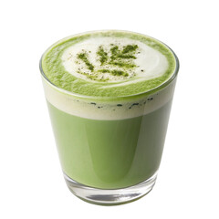 Frothy matcha latte with leaf art in a clear glass isolated on transparent background