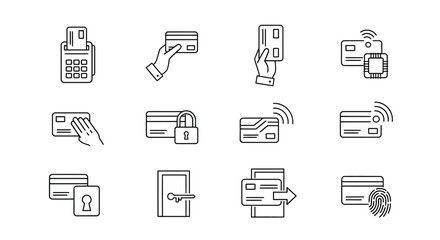 Diverse credit card payment methods and secure transactions line art icons collection vector