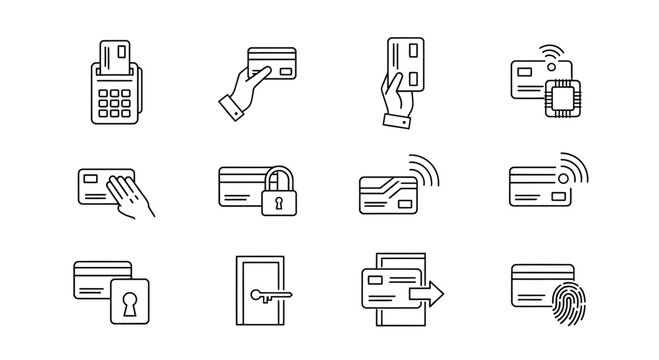 Diverse credit card payment methods and secure transactions line art icons collection vector