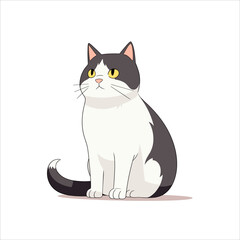 Cute sitting tuxedo cat with yellow eyes, looking up. Clean vector illustration, simple anime/manga style, black and white color palette, adorable pet animal graphic, isolated on white background
