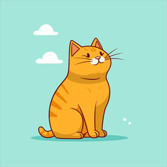 Cute sitting orange ginger tabby cat looking up happily. Cartoon vector illustration with bold outlines, bright colors, fluffy pet graphic, isolated on a sunny light teal sky background
