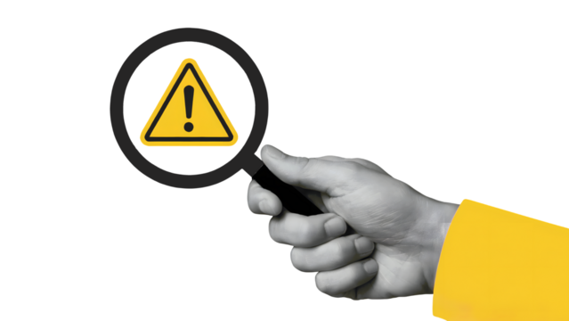 Hand holding magnifying glass over yellow warning sign and yellow sleeve on transparent background