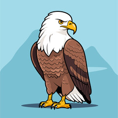 Standing cartoon bald eagle vector illustration on a mountain background. Strong lines, brown body, white head, and fierce expression. Mascot style, high-quality detailed wildlife graphic