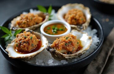 Four stuffed oysters sit on ice in a black dish. A small white bowl holds a dipping sauce. Fresh herbs garnish the oysters and sauce. This dish looks delicious and ready to eat.