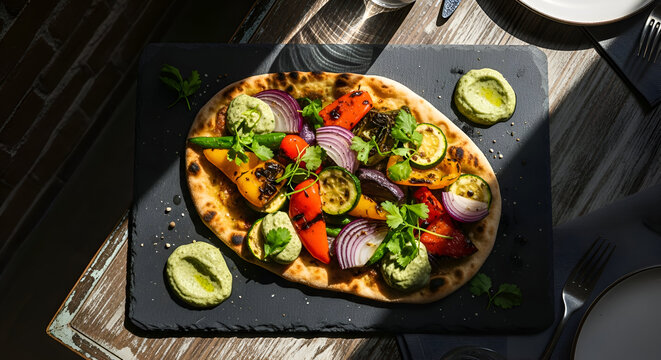 Delicious flatbread pizza with grilled vegetables and avocado dip on a modern slate board