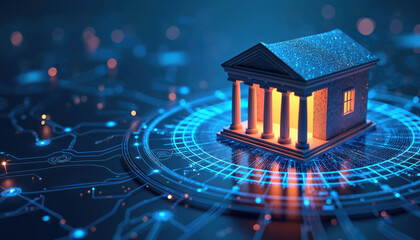 Conceptual digital illustration showcases a futuristic building atop a circuit board. It visualizes a digital banking system with glowing lights symbolizing connectivity and tech.