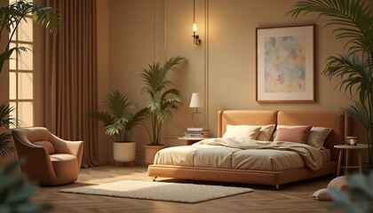 Fototapeta premium Warm Contemporary Bedroom with Lush Greenery and Natural Light