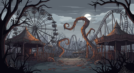 Eerie abandoned amusement park with haunted carousel and creepy roller coaster under a full moon sky © Deshan
