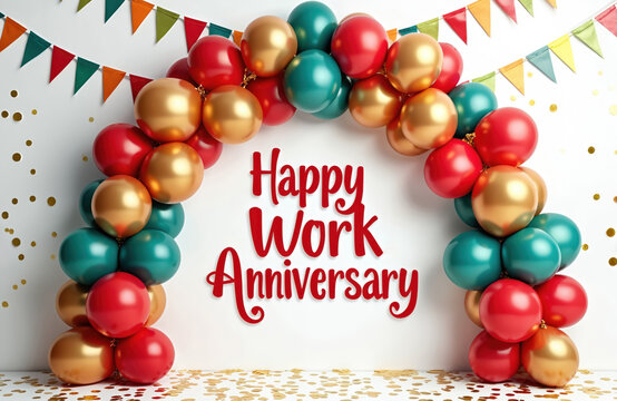 Festive work anniversary banner. Gold red teal balloons form archway with confetti. Bunting decorates top. Congratulatory message for employees, celebrate milestone, achievements. Great for business